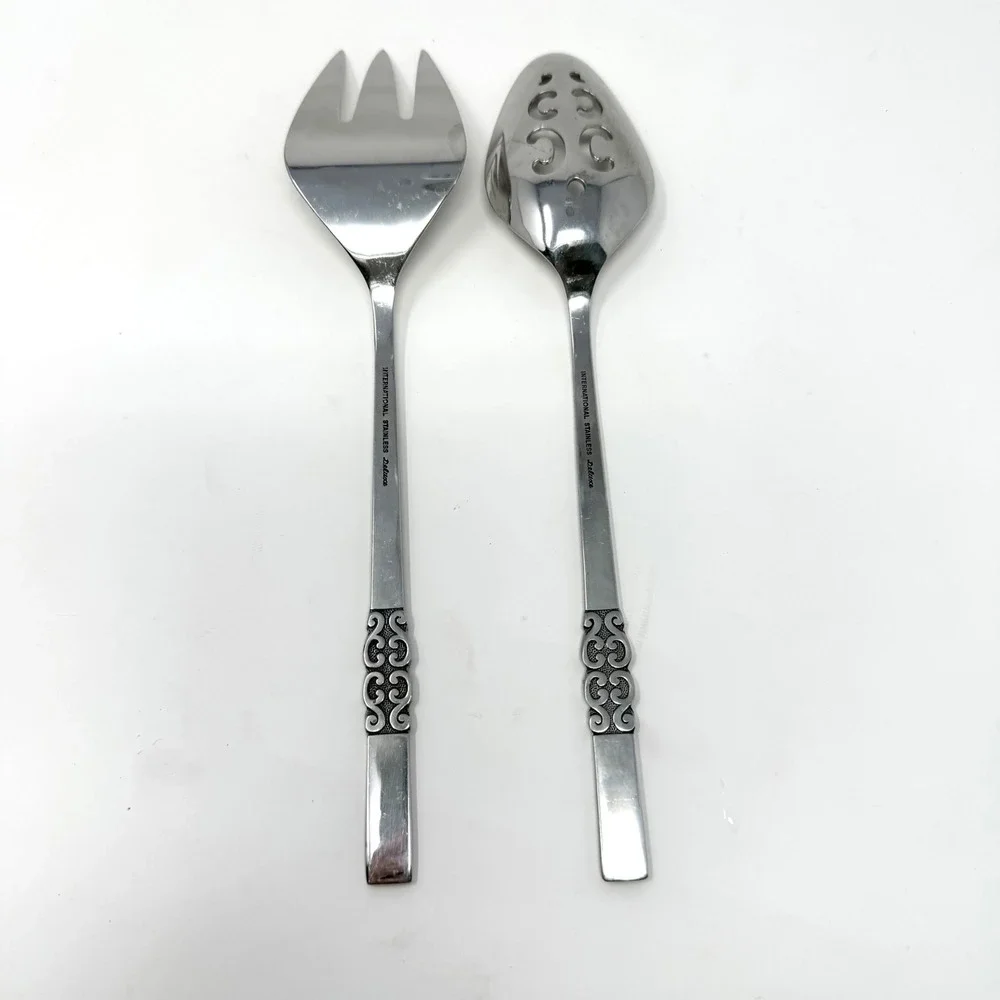 International Stainless Deluxe Danish Scroll Salad‎ Serving Set Fork Spoon